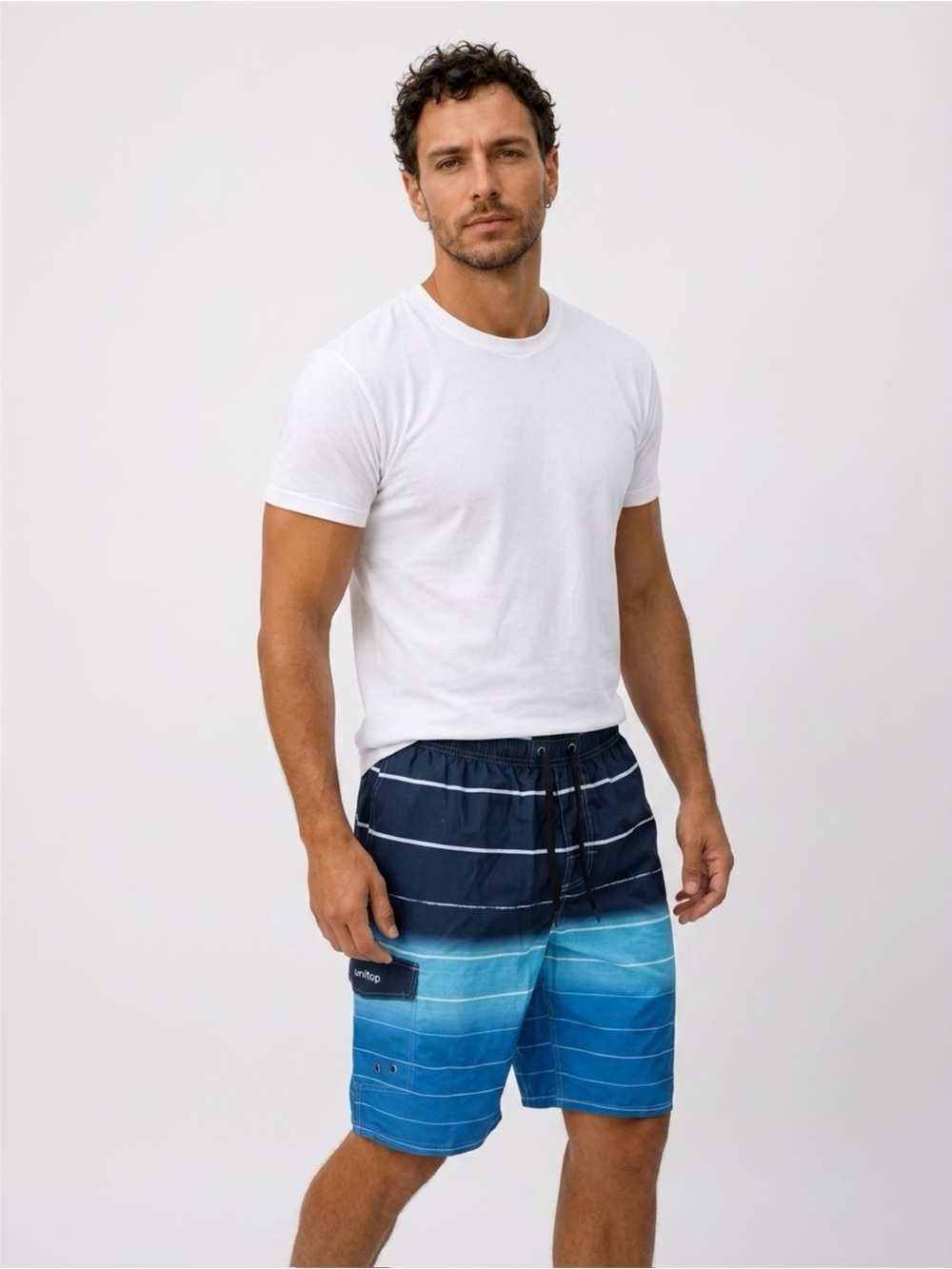 Men's Ombre Blue Stripe Swim Board Shorts with Drawstring